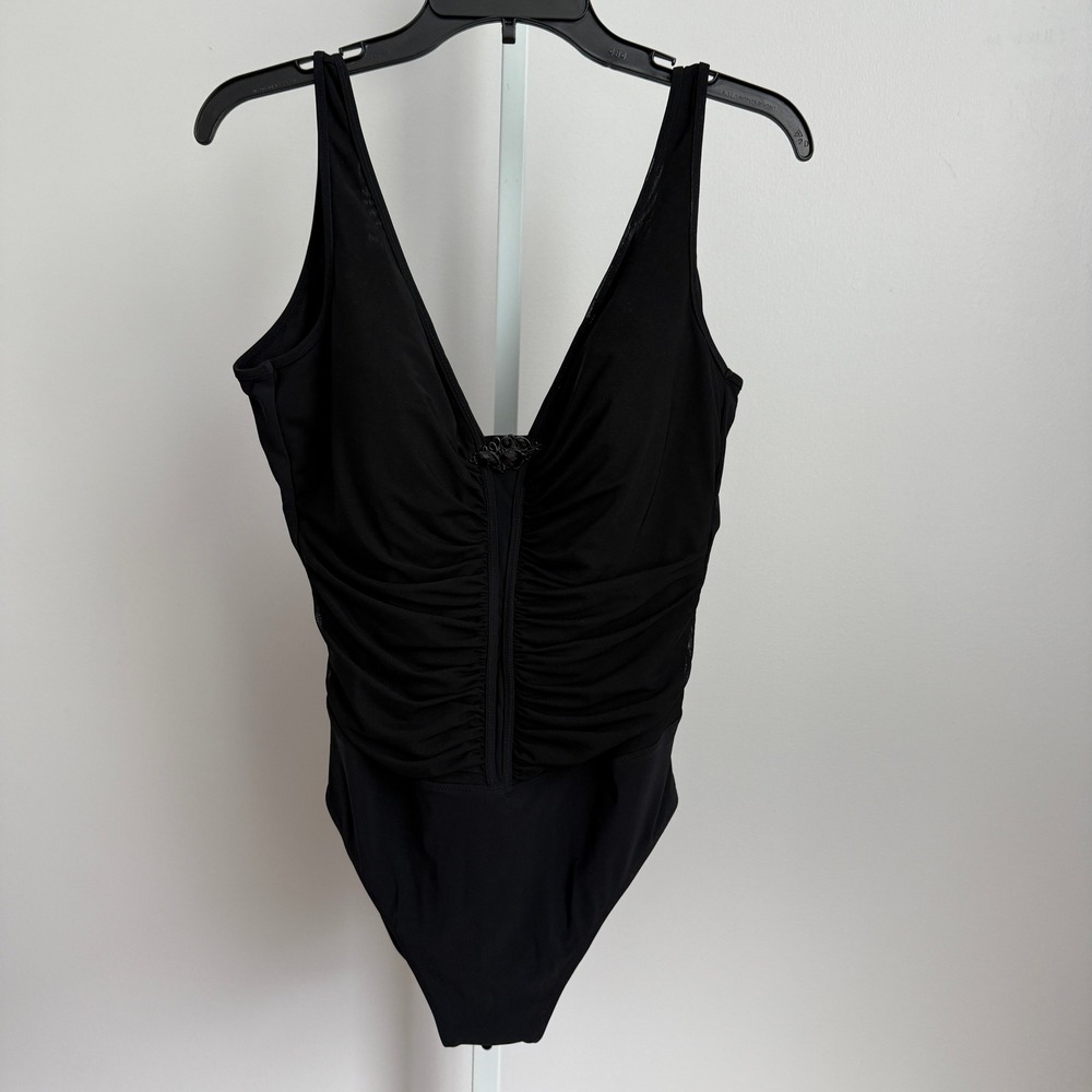 Profile by Gottex Black‎ One Piece Swimsuit Ruched Jewel Detail Size 14